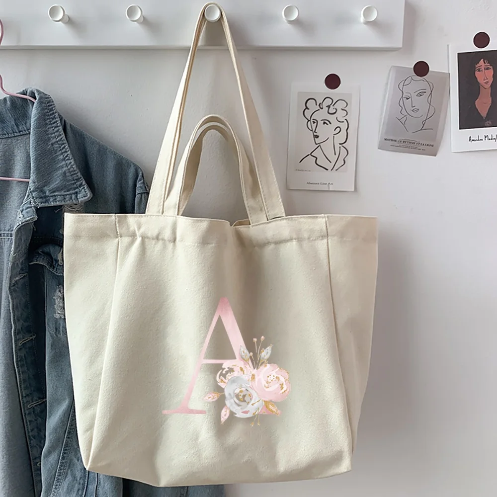Women's Shopping Bags 2025 Canvas New Style Pink Flower Letter Printed Shoulder Bags Organizer Reusable Casual Handbag Tote Bags