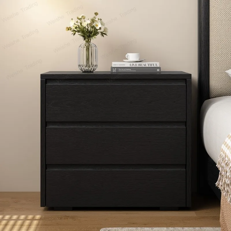 Minimalist bedroom large size bedside chest light luxury medieval black three bucket walnut storage
