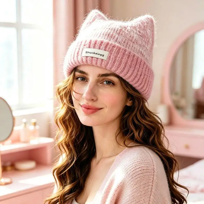 New Plush Lined Fuzzy Knit Cat Ear Beanie Thermal Warm Winter Hat for Women Hiking Camping Casual Street Wear