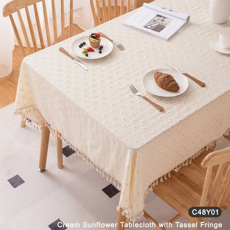 

Cotton Farmhouse Tablecloth - Cream Background with Sunflower, Mini Yellow Floral and Watercolor Stripe Print, Minimalist
