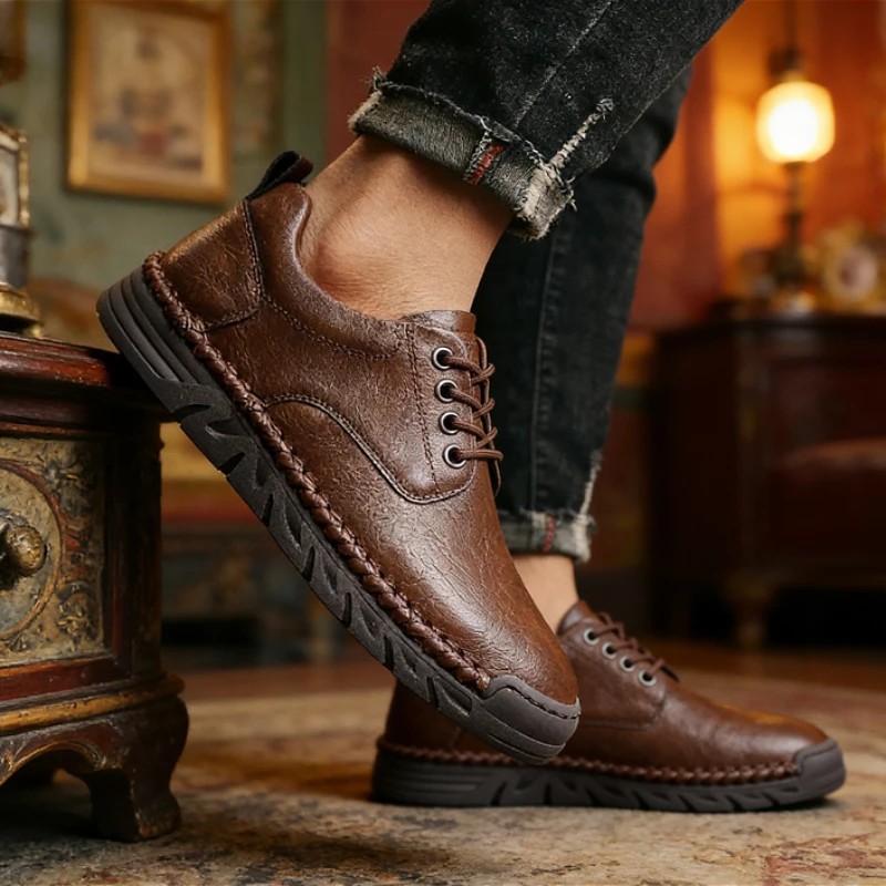 

Fashion Men's Black Leather Casual Shoes Soft Sole Anti-slip Stitching Men's Daily Wear Comfortable Footwear for Spring Autumn