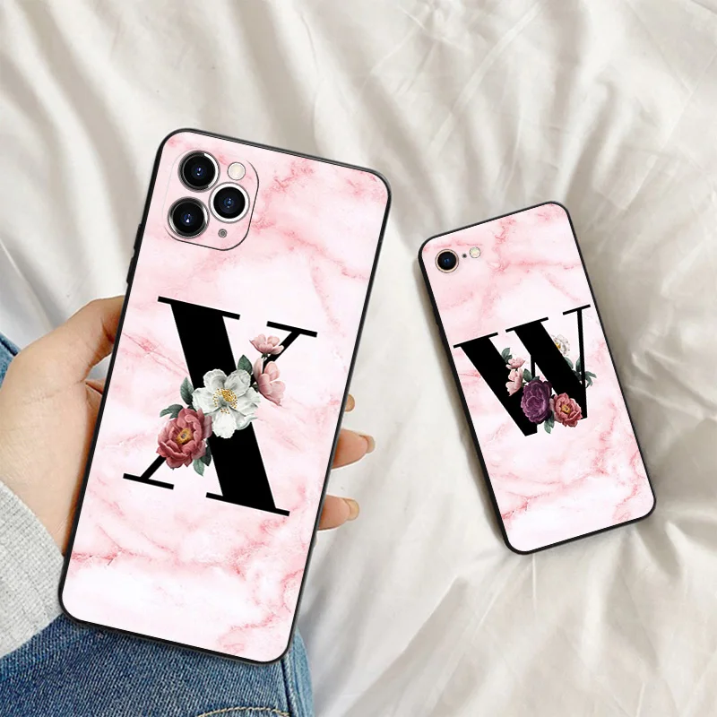 Anti-Drop Soft Phone Case For iphone 16Plus 11 12 13 14 15 16 Pro XSMax XR 7 8 Plus Flower Pink Marble J-Q English Letters Cover