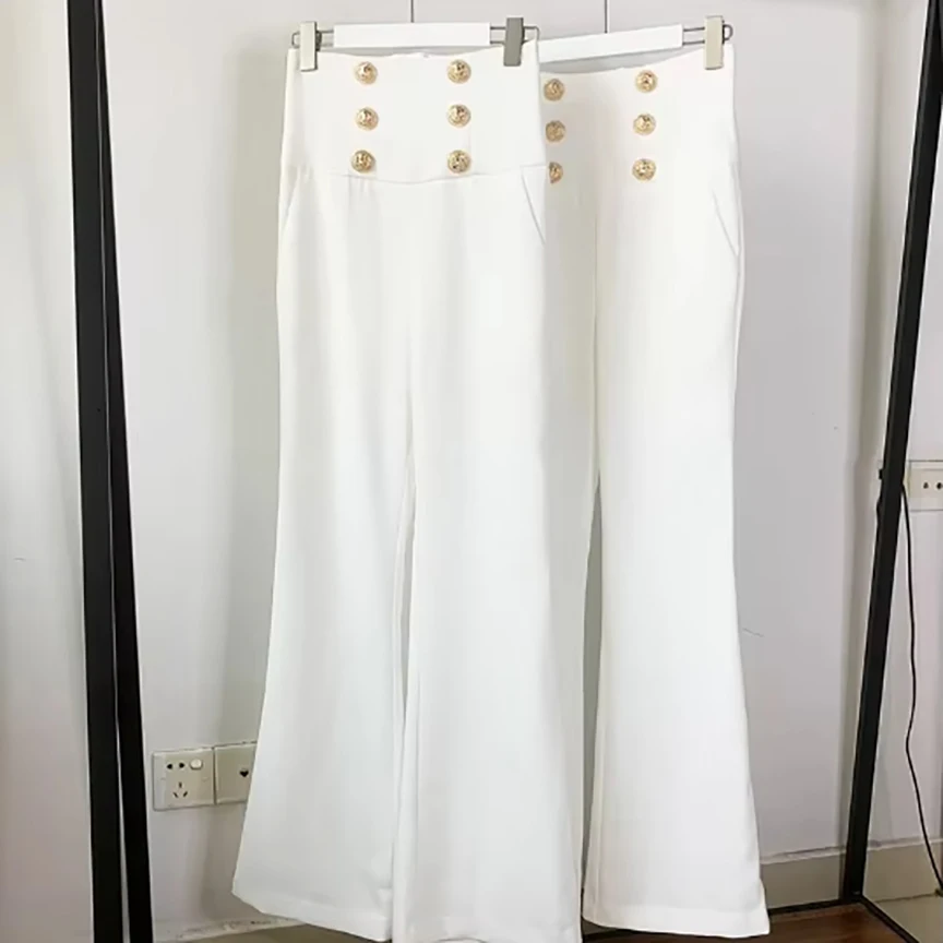 HarleyFashion New Trendy Women Summer Elegant Empaire Waist Buttons Full Length Solid Casual White Wide-leg Pants