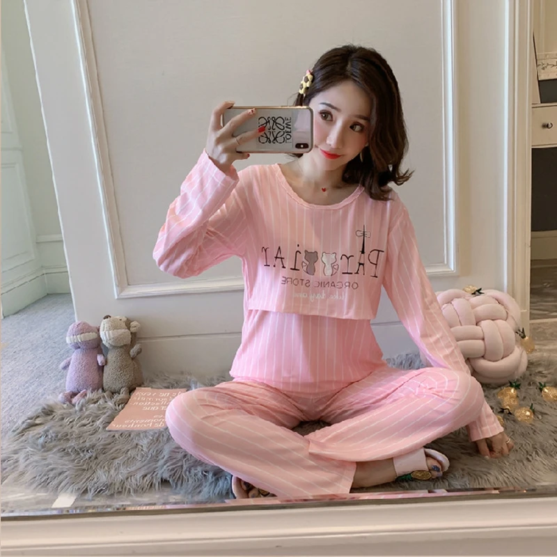 Women Nursing Pyjamas Homewear Spring Autumn Maternity Pajamas Set Cute Breastfeeding Clothes Long-sleeved Pregnancy Sleepwear