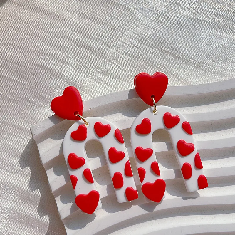 Lifefontier Valentine's Day Handmade Polymer Clay Earring Unusual 3D Red Heart Arched Shape Long Drop Earrings For Women Girls