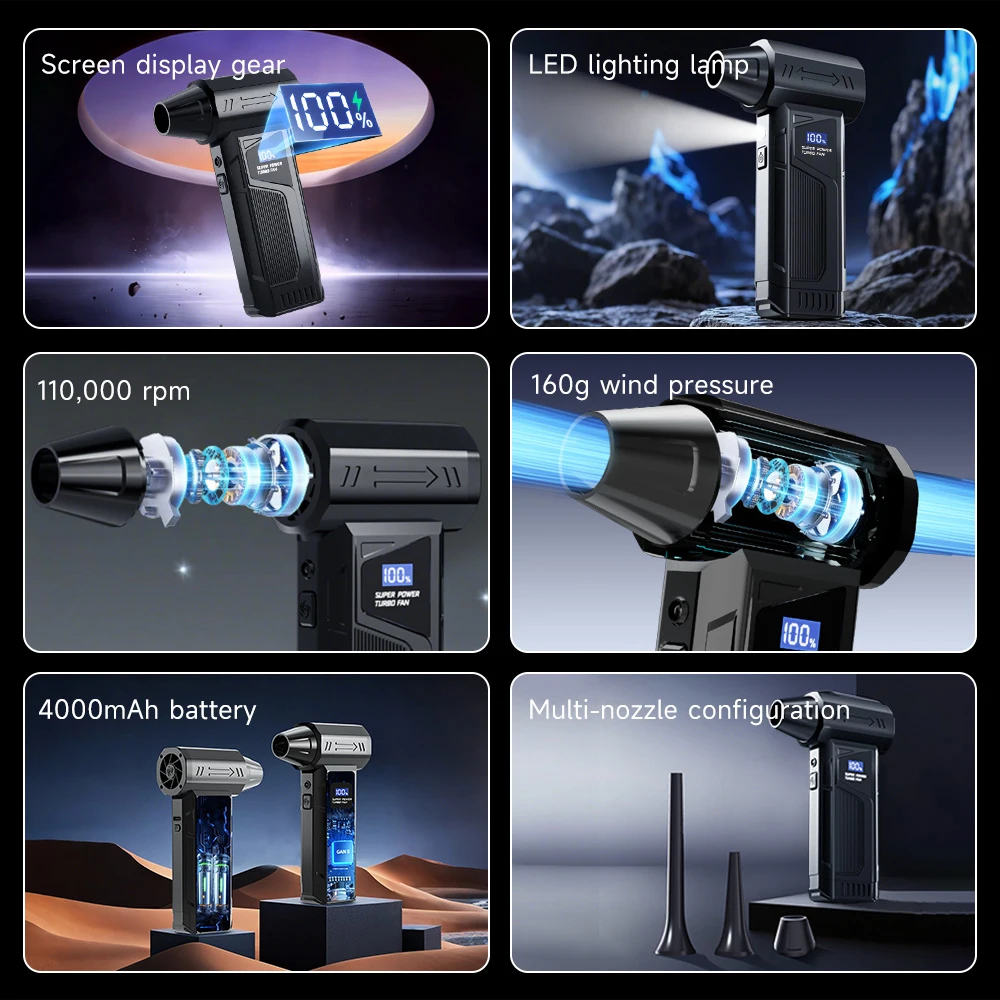 110000RPM Powerful Violent Turbo Fan with LED Display 4-speed Adjustment Violent Fan Blower Handheld Portable Car Vacuum Cleaner