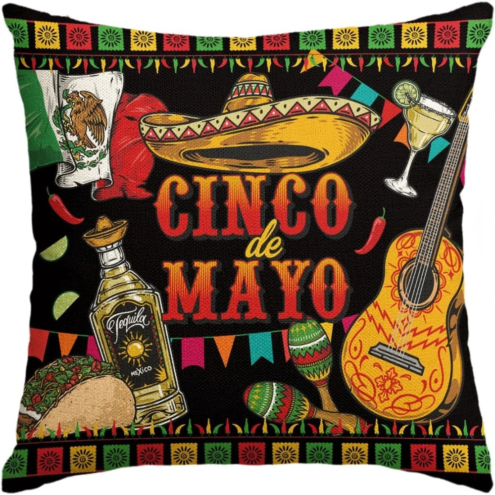 Funda de almohada para guitarra Cinco De Mayo, 18 x 18 pulgadas, 5 de mayo, Sombreros, Fiesta mexicana, vacaciones de México, funda de cojín, 1 ud.