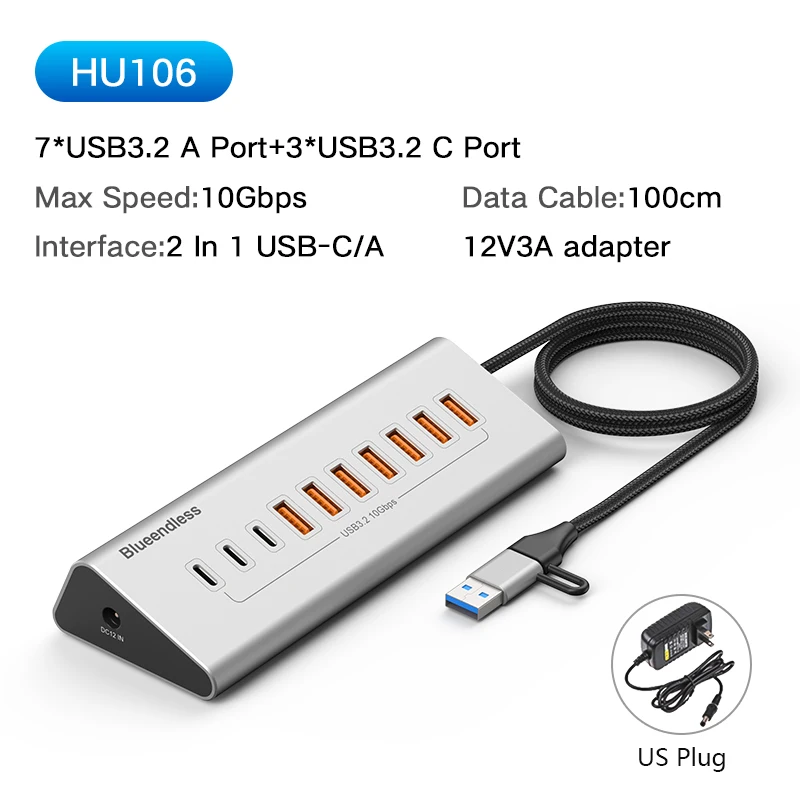 Blueendless Aluminium 10Gbps USB3.2 Gen2 4/10-Port HUB Dockingstation USB-C USB-A Typ C Splitter Adapter für PC Laptop MacBook