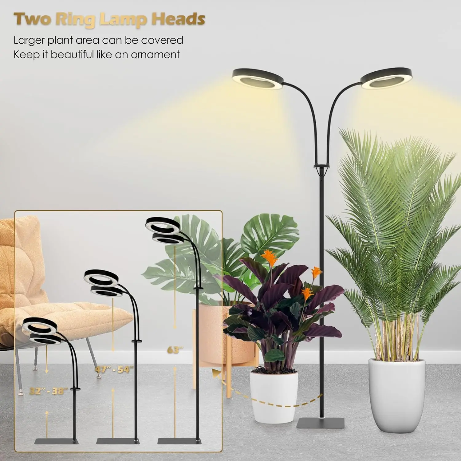 ضوء النمو مع حامل، ضوء نباتي LED برأسين للنباتات الداخلية، مصباح نمو كامل الطيف، مؤقت 3/9/12 ساعة، 6 أوراق عكس الضوء #4