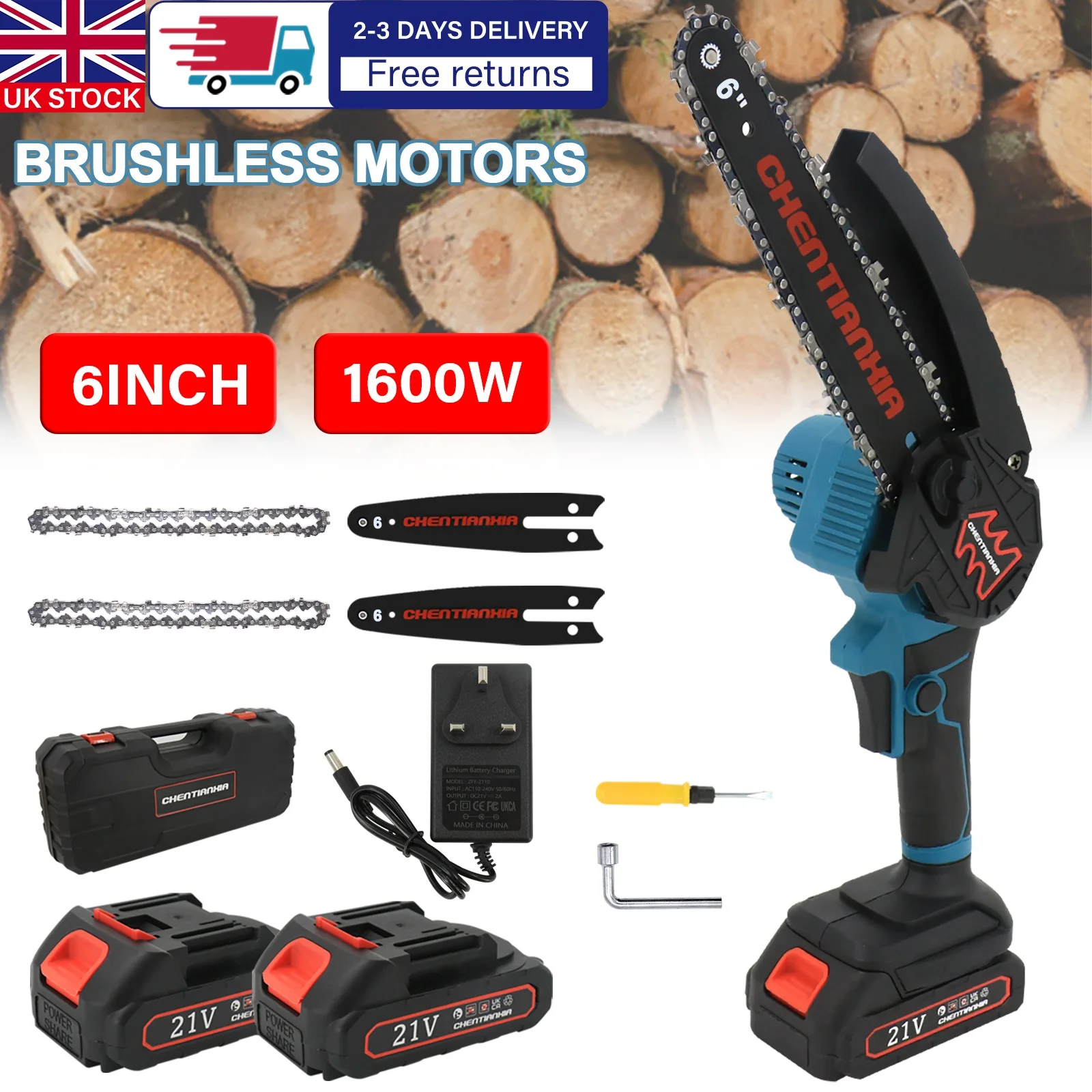 6 Inch Mini Cordless Chainsaw Handheld Electric Chainsaw Wood Pruning Cutter with 2 Batteryfor Outdoor Tree & Firewood Chopping