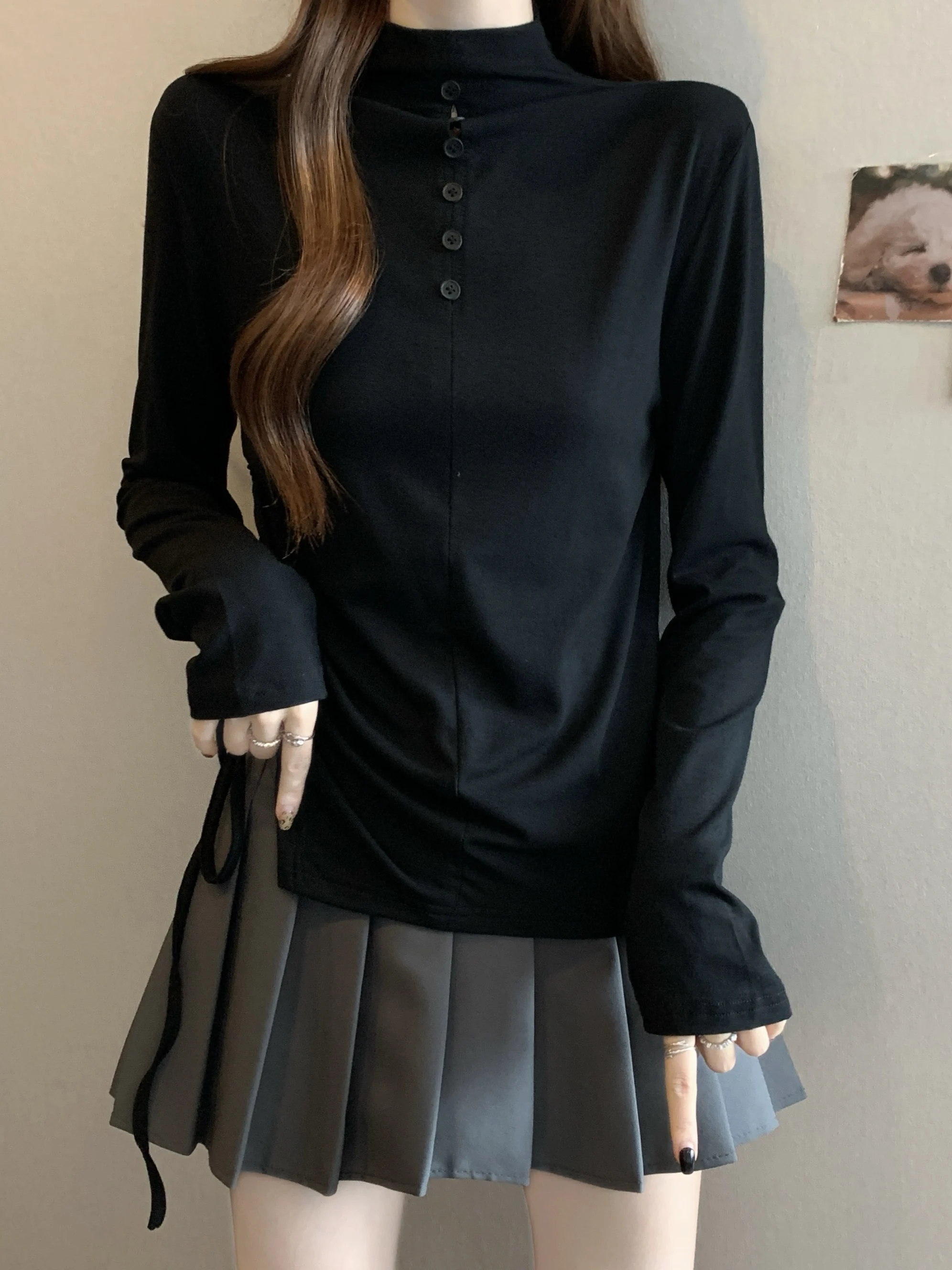 

Женская футболка больших размеров с длинным рукавом, базовая, с высоким воротником, для ношения под одеждой, в корейском стиле, облегающая, из смесового хлопка