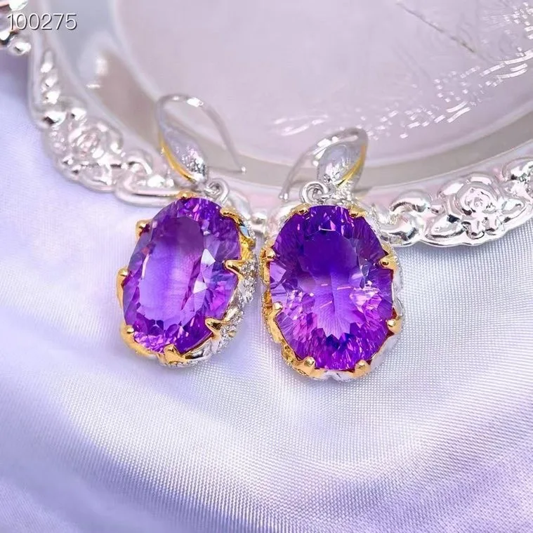 

925 Silver Natural Amethyst Earrings, Oval 13x18mm Main Stones Vintage Handmade, Crystal Jewelry Gift for Women