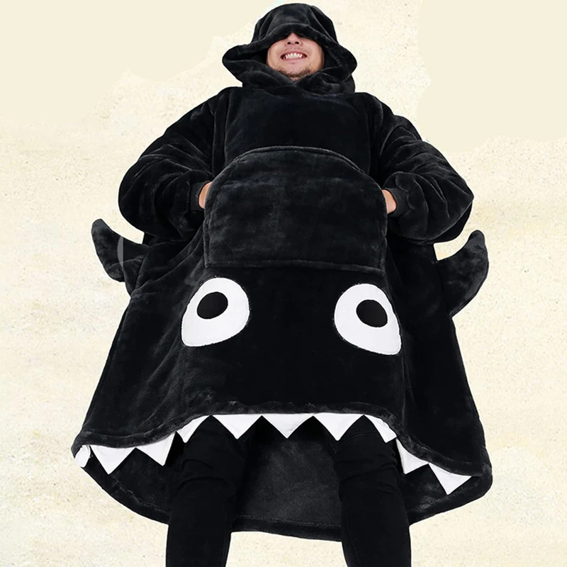 Cute Cartoon Shark Oversized Blanket Hoodie For Women and Men One Size Fits All Wearable Blankets Sweatshirt Blanket with Pocket