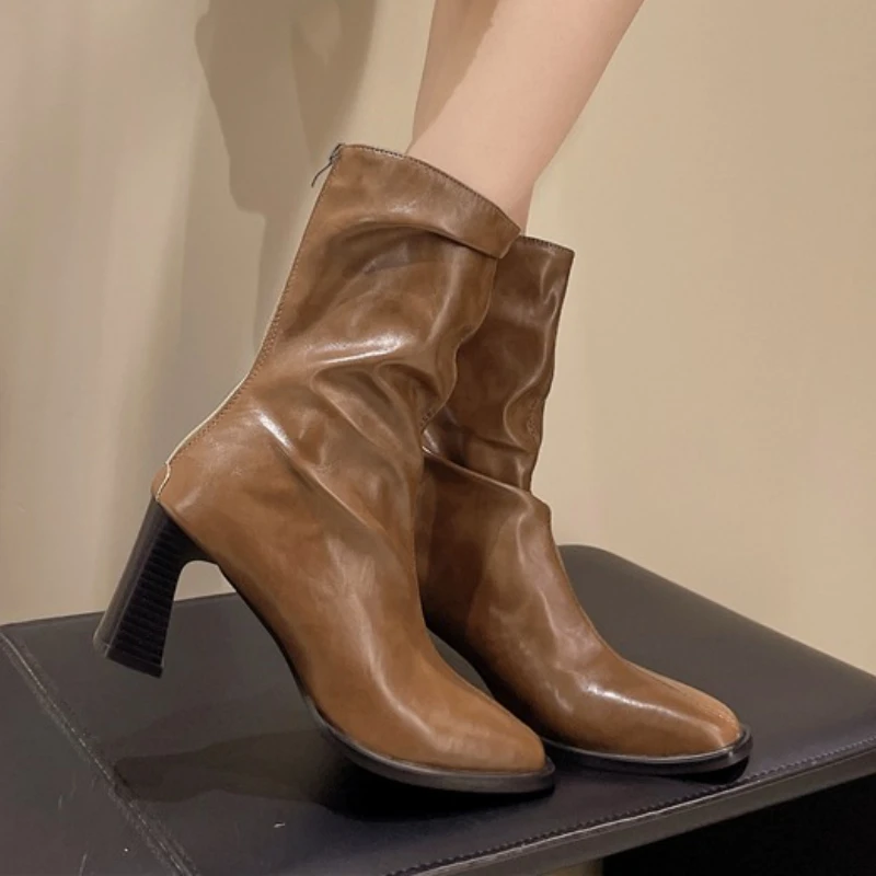

High Heels Women High Boots Elegant Chunky Leather Shoes Sexy Designer Mid Calf Chelsea Boots Fashion 2025 New Winter Zapatos