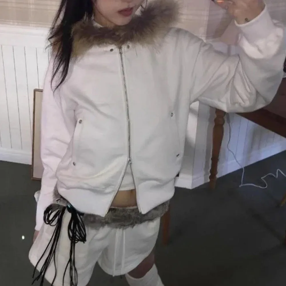 

2025 Long Sleeve Double Zipper Loose Hooded Coat Women Y2k Grunge Cardigan Tops Autumn Winter Fashion Vintage Slim Fit Jackets