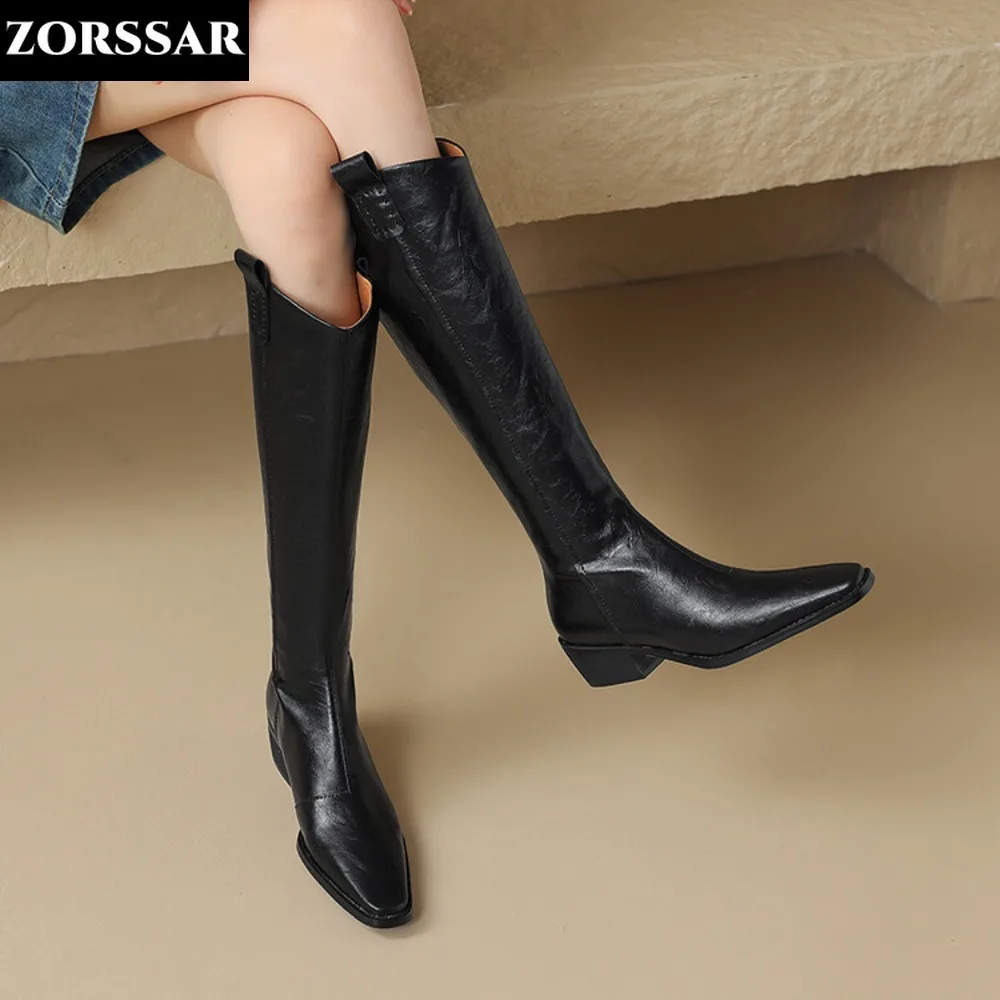 

Brown Western Boots Women Wedge Heels Knee High Boots Fashion Pointed Toe Shoes 2024 Winter Slip On Cowgirl Boots Botas Mujer