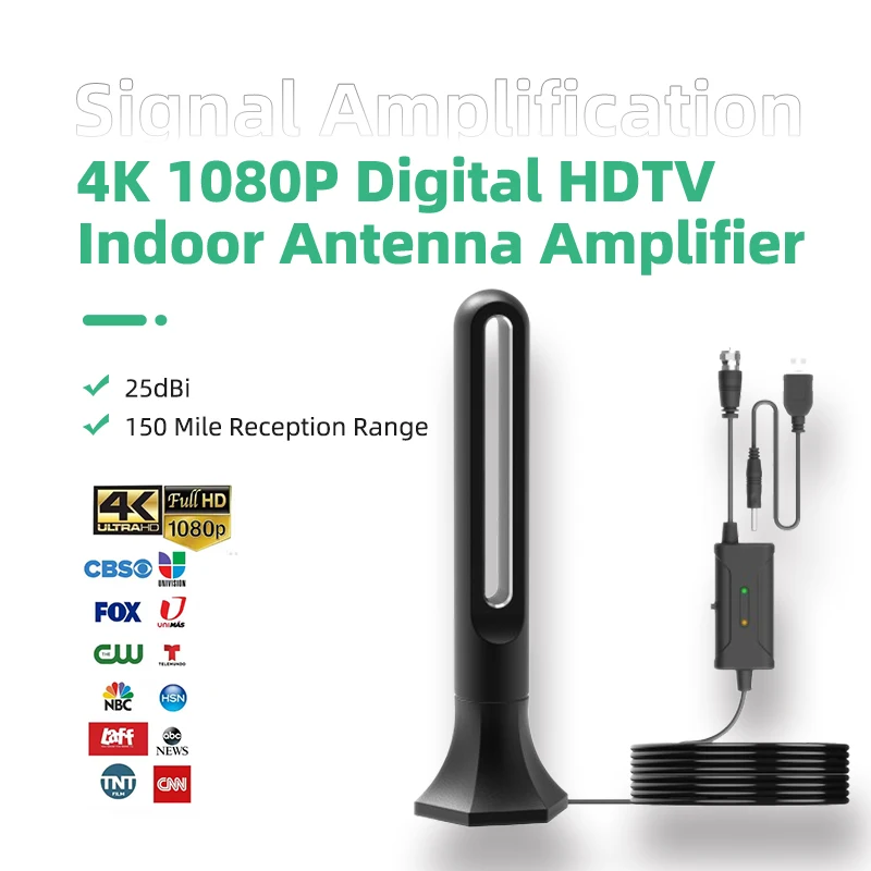 25dBi HDTV Indoor Antenna Amplifier - 4K 1080P Digital, 150 Mile Long Range Satellite Receiver - Free Channel Access Device