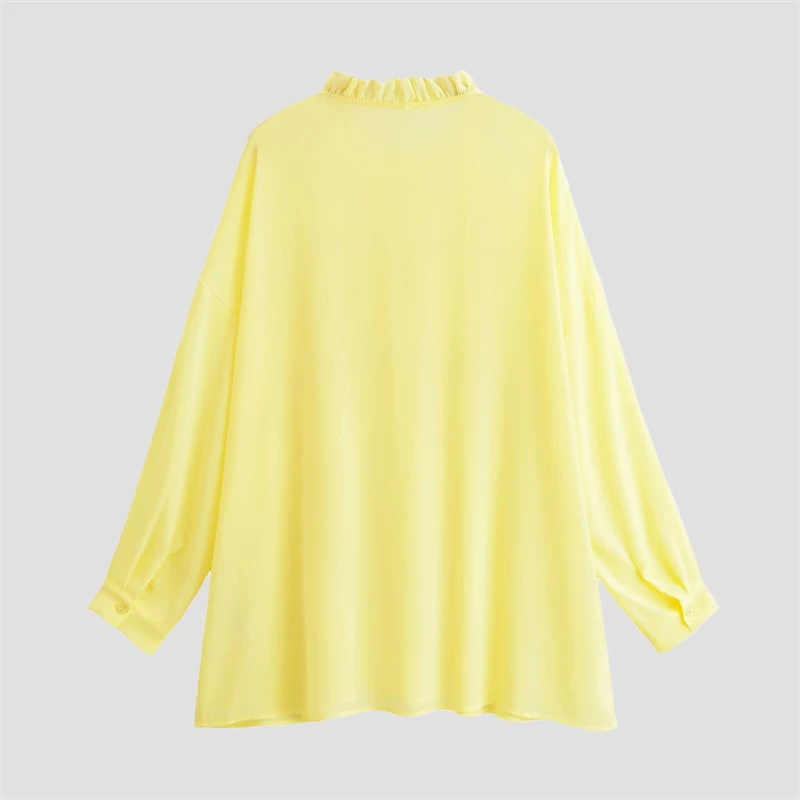 KEYANKETIAN 2026 Solid Pale Yellow Textured Chiffon Tunic Top Frill Collar Dual Drawstring Gathered Waist Oversize Long Blouse