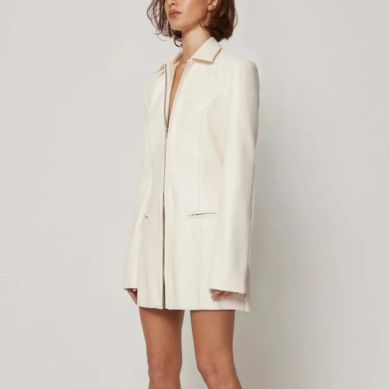 HKSH 春秋の新女性 Pu レザードレスターンダウン襟ダブルジッパー長袖スリムフィットセクシーなシックなパンクドレス HK12954