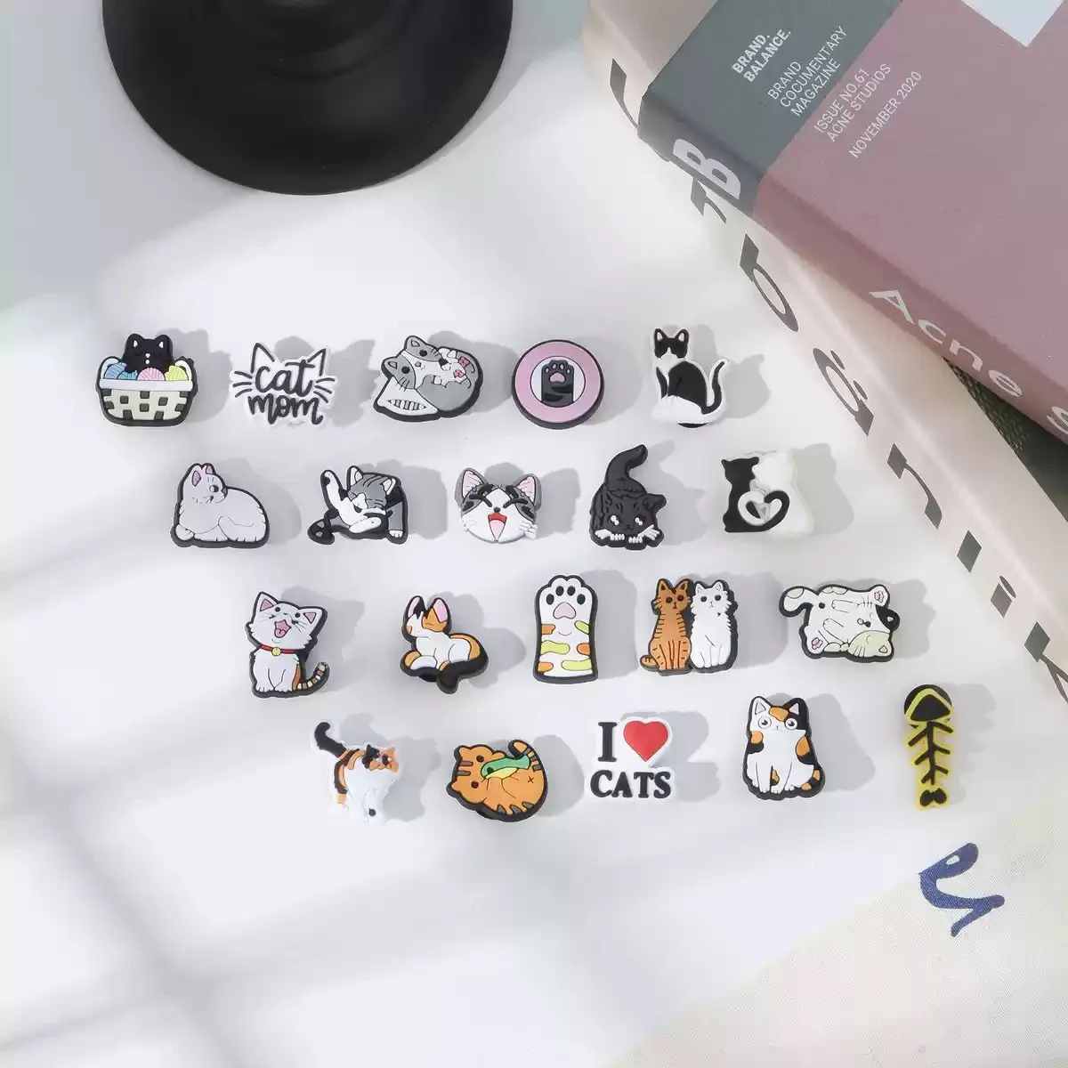20pcs Cute Cats Shoe Charms Accessories Orange Black Cat Shoe Decoration Claw Fish Bone Clog Pin for Women Grils Gift