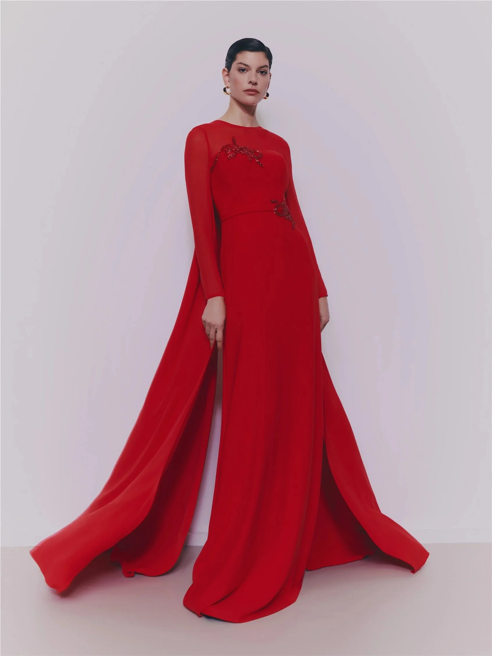 Customized Red Long Sleeve Chiffon Formal Evening Gown Beaded Floral Appliqué Side Split Flowing Cape Train Maxi Party Dress