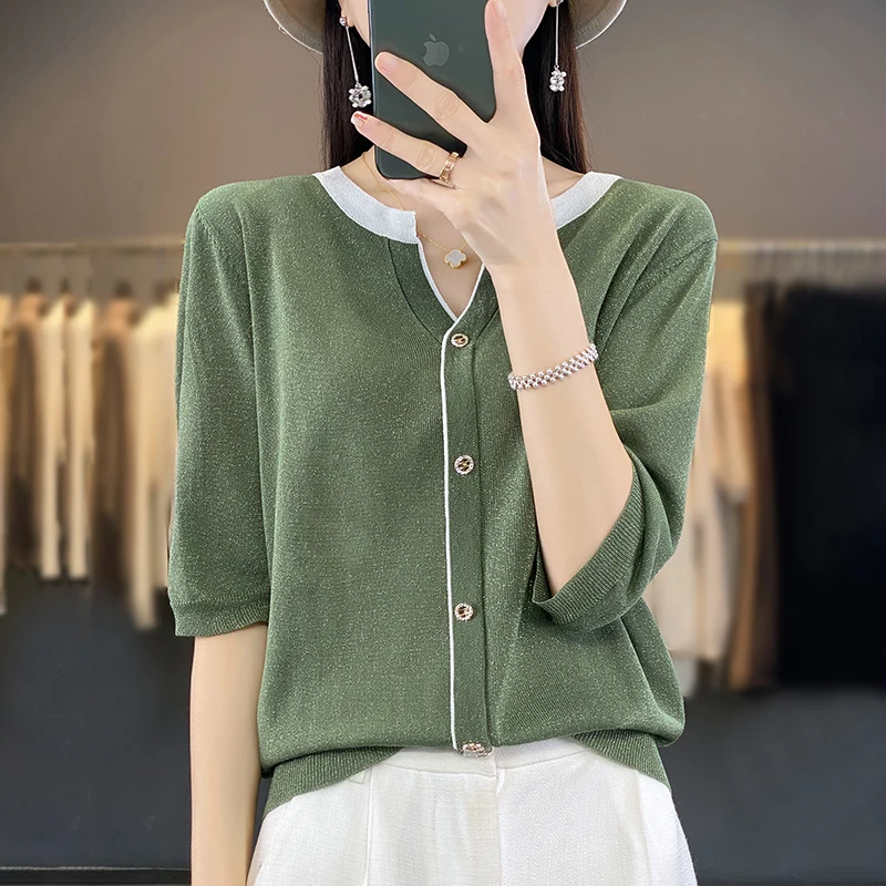 

Ice Silk iny Tead Thin ort Sve Женский вязаный топ f Sve Летняя модная легкая футболка для поездок на работу