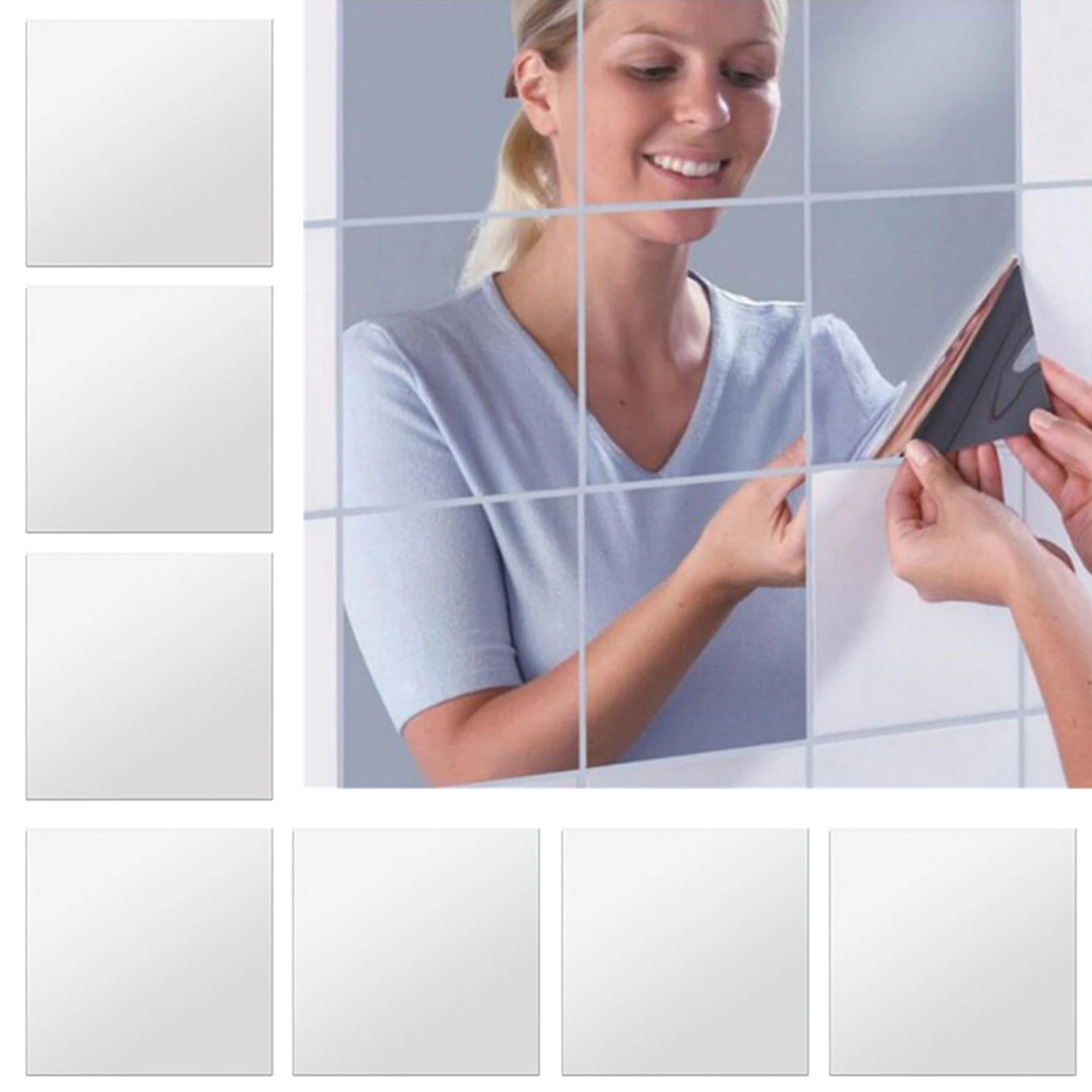 Self-Adhesive PVC Mirror Tiles Squared Mirror Stickers Flexible Non-Glass High-Clarity Reflective DIY Layouts Room Decoration