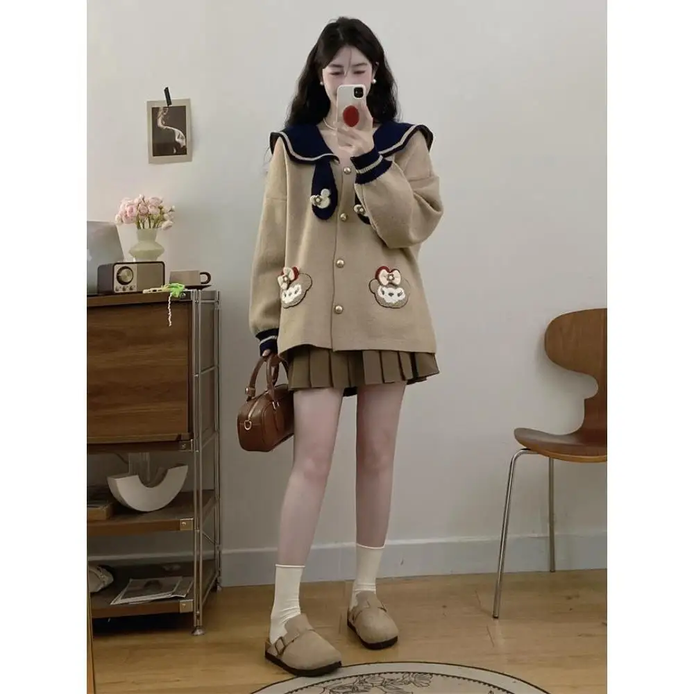 

Japan Style Woolen Coat For Women Spring And Autumn Navy Collar Knitted Cardigan Top