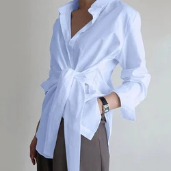 Elegant Long Sleeve Lace Up Shirt Buttons Women Office Lady Fashion White Loose Casual Blouse Bandge Simple Female Tops 18659