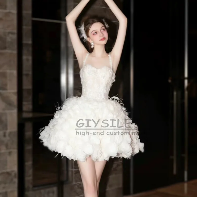 GIYSILE Gaun Prom Kustom Gaun Pengantin Ringan Tali Spaghetti 2025 Gaun Angsa Putih Bunga 3D Applique Tanpa Lengan Gaun Pengantin