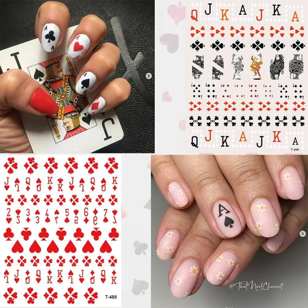 Manicure Red Hearts Square Playing Card Poker Nail Art Stickers Nail Adhesive Stickers 3D Nail Decals Nail Art Decorations