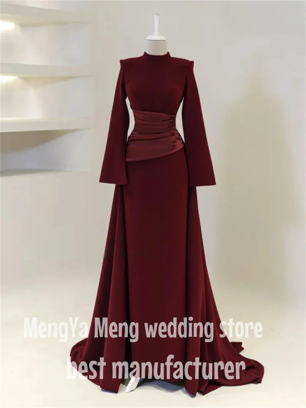 

ZHUISHU Burgundy Elegant Prom Dresses High-Neck Long Sleeves Mermaid Evening Dresses Satin Muslim Formal Gowns Dubai Customized
