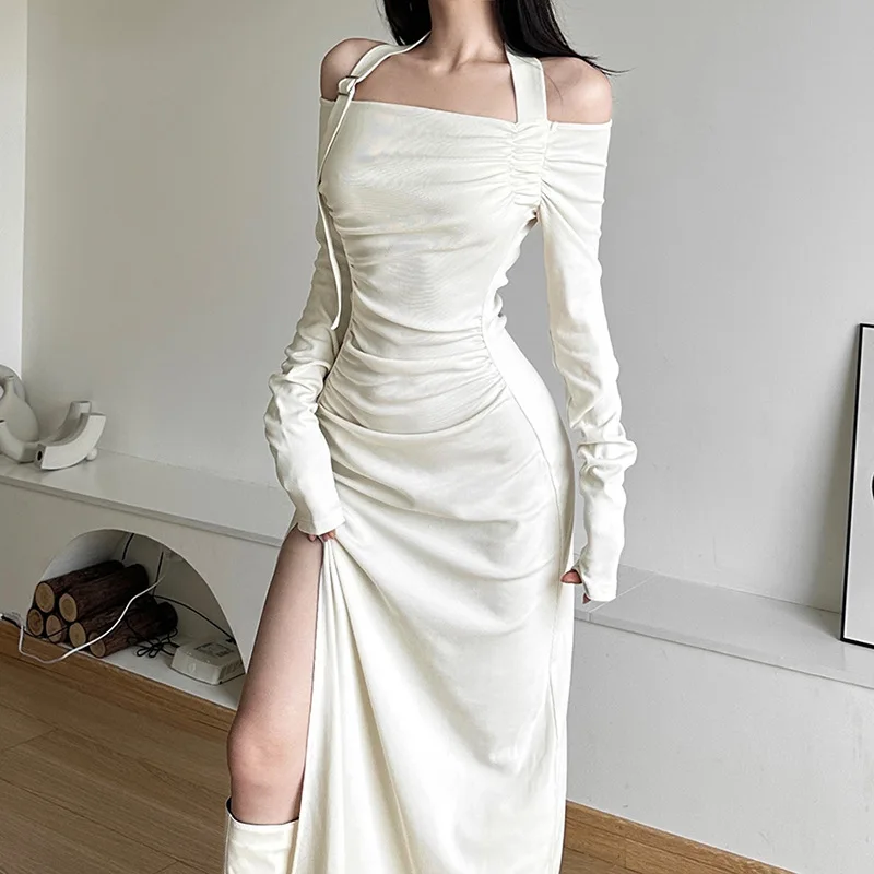 Nibber Herfst Avondfeest Intellectuele Elegante Waardige Volwassen Halter Sexy Vrouwelijke Pure Kleur Eenvoudige Vrouwen Lange Hals Jurk