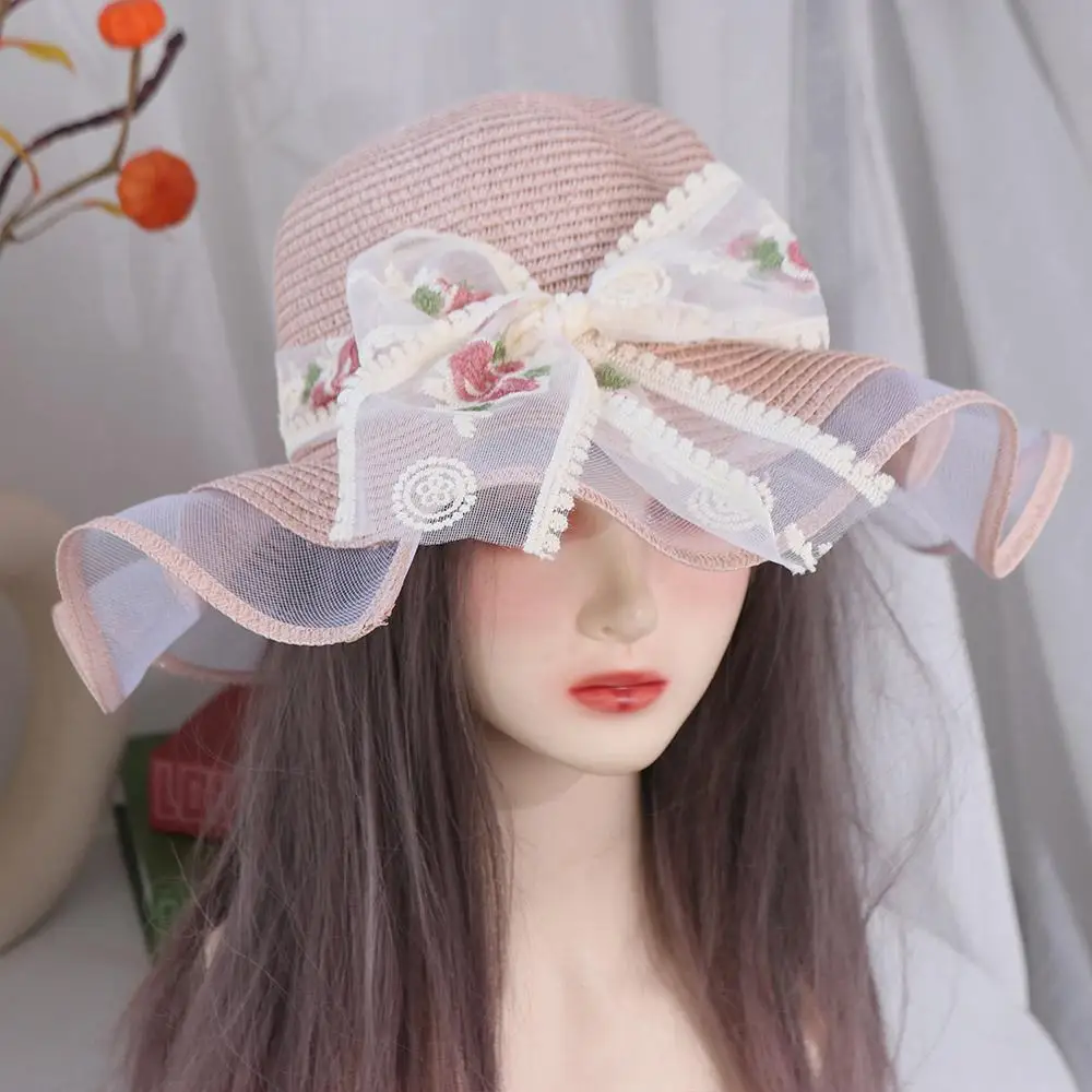 Ins Spring Summer Beach Straw Hat Big Brim French Style Lace Bow Straw Hat Travel Foldable Women's Sun Hat Outdoor
