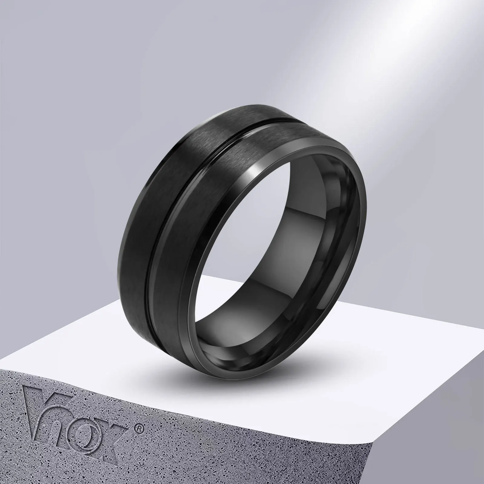 Vnox 8mm Black Men Ring, Black Grooved Stainless Steel Finger Band, Basic Male Boy Wedding Rings, Classic Jewelry