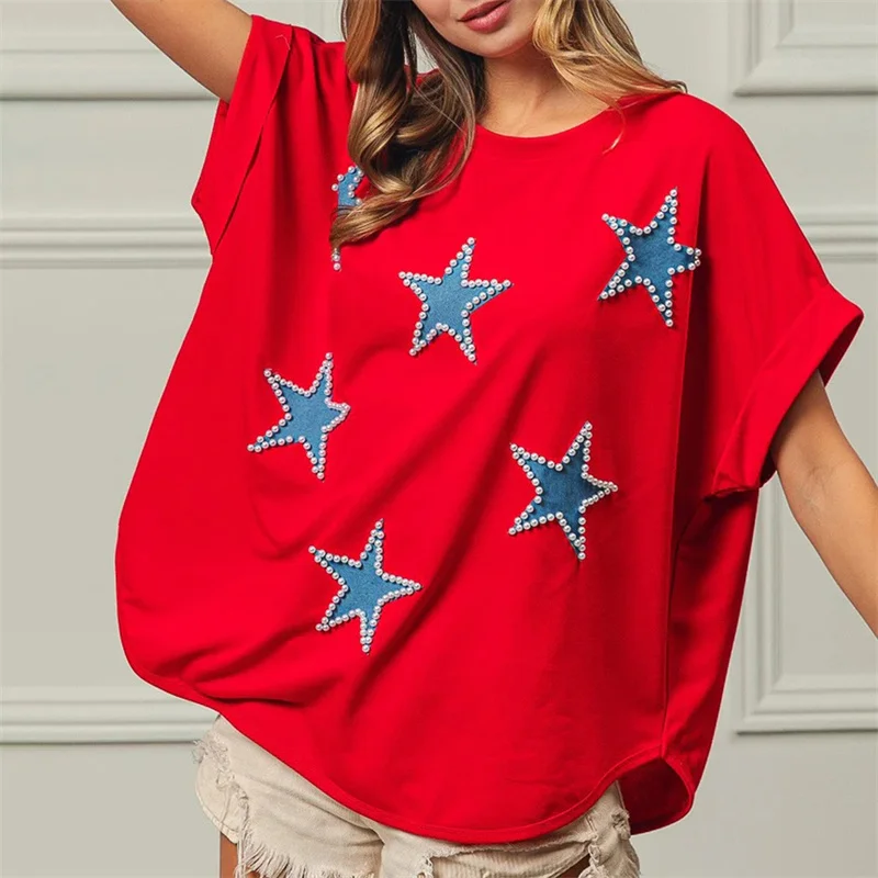 Dourbesty Women Summer Loose Casual T-Shirts Pearls Patchwork Star Pattern Short Sleeve O-Neck Oversized Tops 2024 Tees Shirts