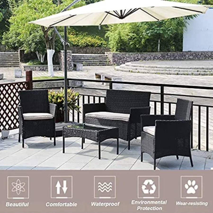 Outdoor patio furniture set: rattan wicker chairs and sofa in beige, includes coffee table, weather-resistant for backyard, law