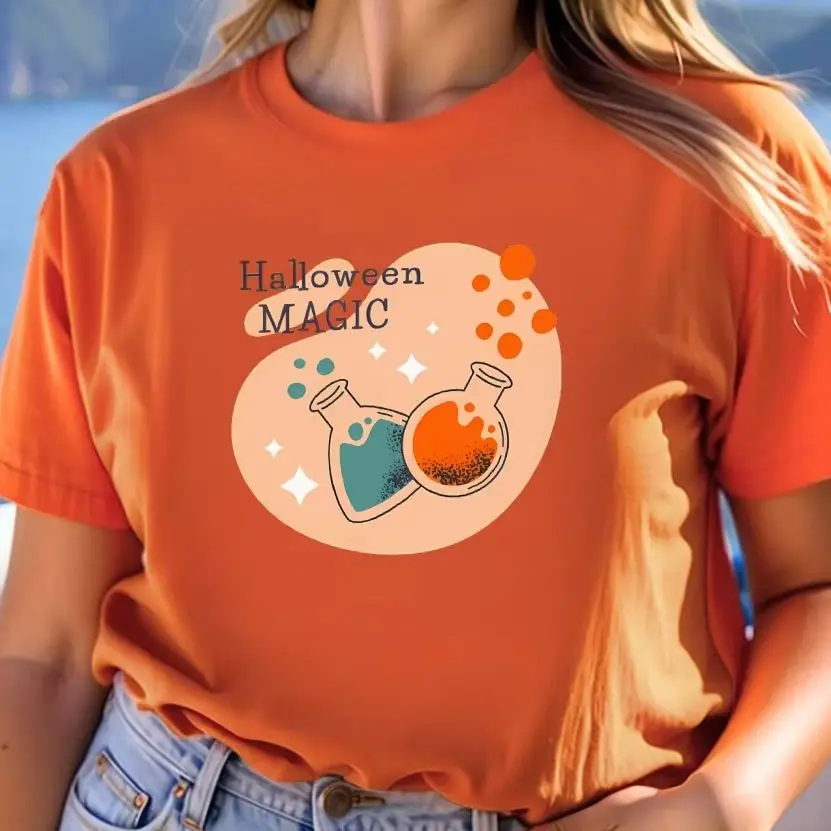 

Y2K Cotton Casual Women‘s T-Shirt Short Sleeve Round Neck Fitted Colorful Cartoon Halloween Magic Potion Green And Orange