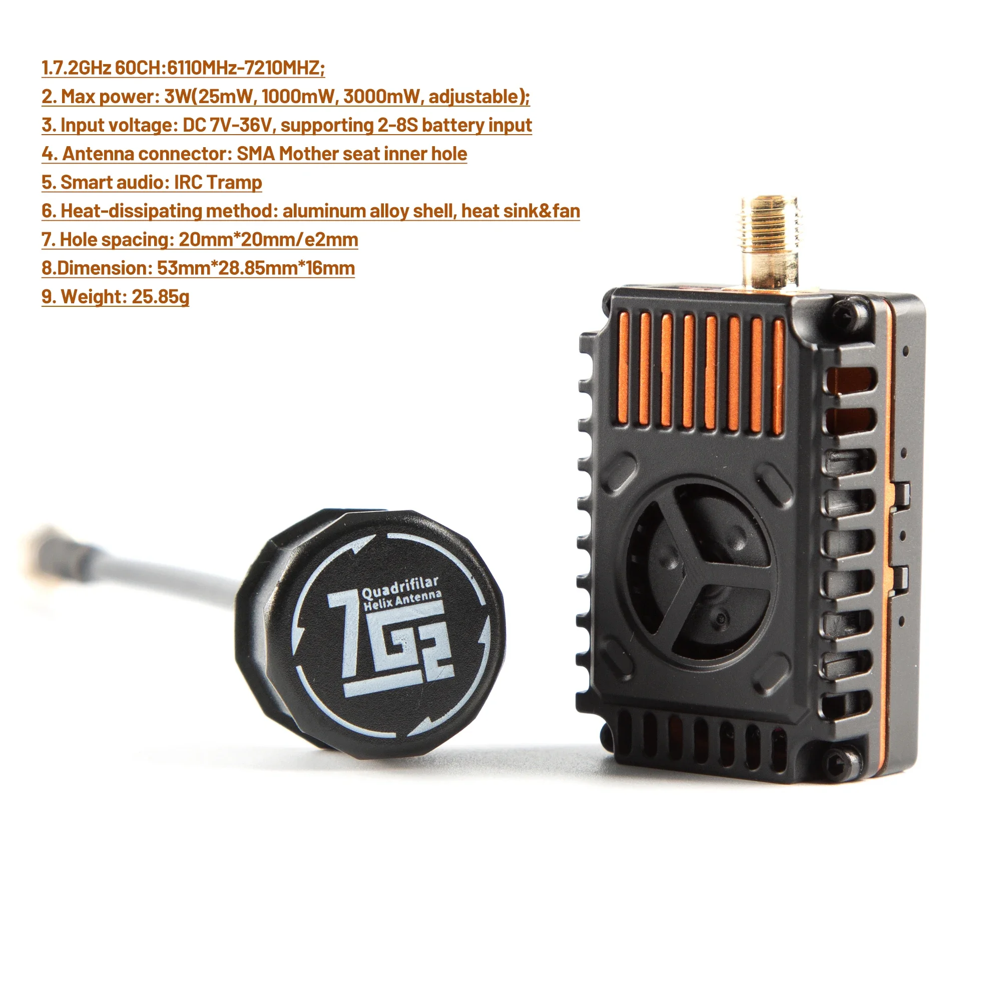 Fpv Vtx 7.2ghz 3w Video Transmitter 64ch With Antenna Cooling Fan 7.2g 5w 7w Vtx For Long Rang Fpv Racing Drone Diy Accessories