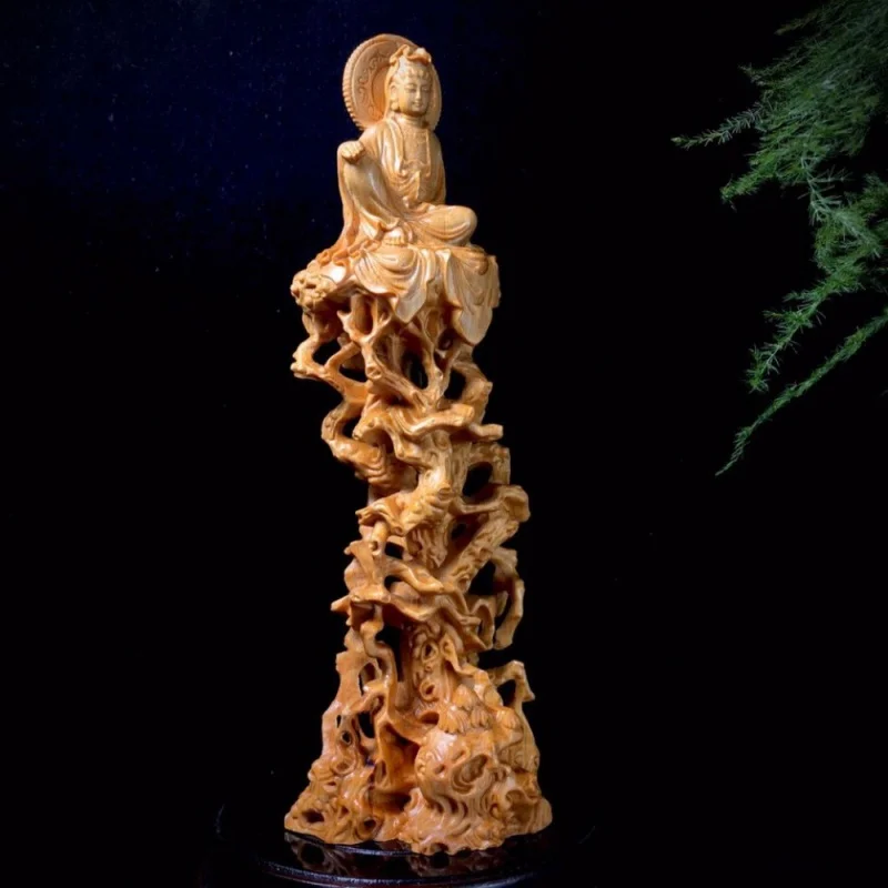 

Arborvitae Wood Carving Sitting Rattan Guanyin Bodhisattva/Buddha Statue Character Decoration Home Living Room Table Decoration