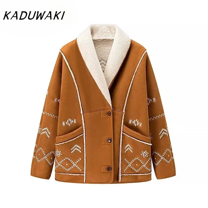 KADUWAKI Retro Autumn/Winter Lapel Long-sleeved Printed Jacket Casual Splicing Color Collision Lamb Wool Gingerbread Man Jackets