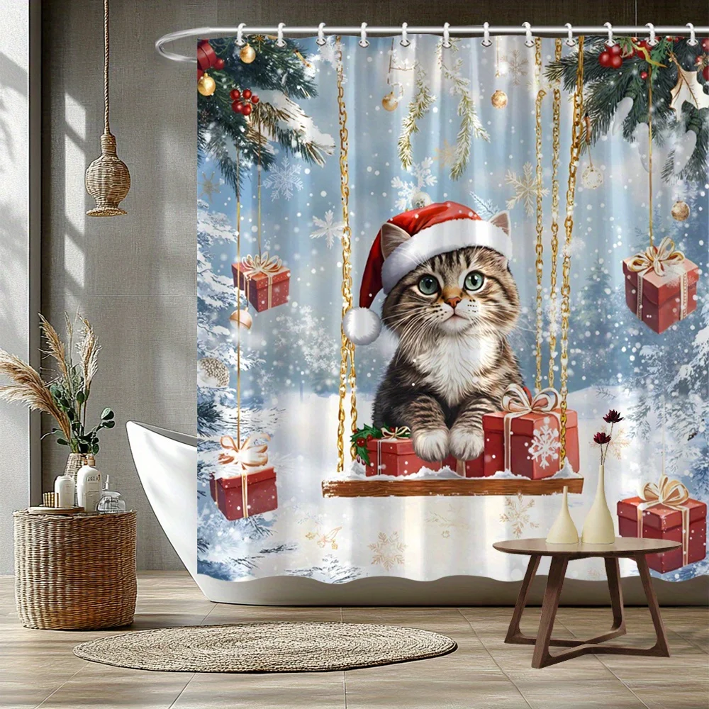 Christmas Cat Shower Curtain, Cute Kitten Santa Hat Gift Box Print Waterproof Bath Curtain, Festive Holiday Bathroom Decor