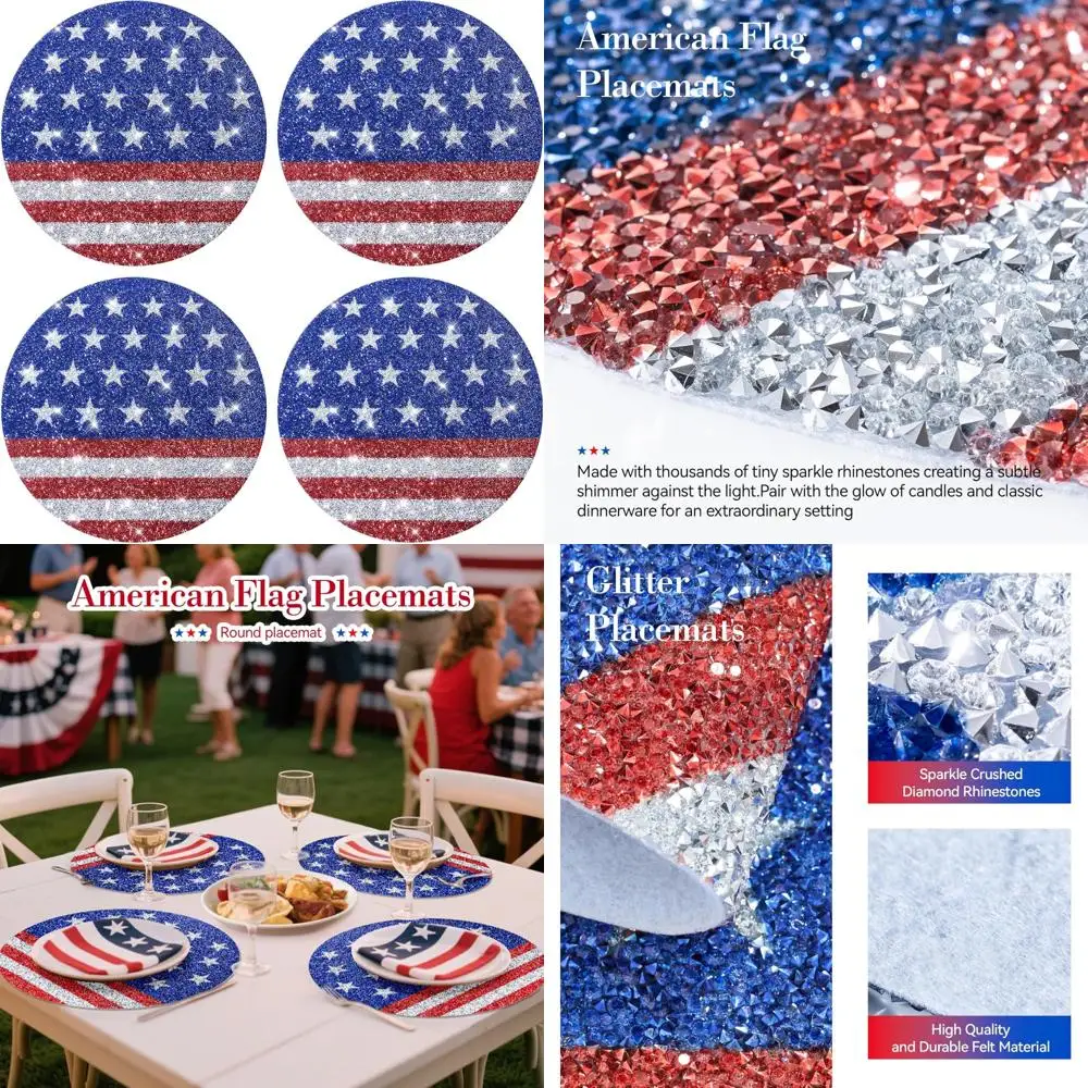 

Patriotic Crushed Diamond Glitter Placemats Set of 4 - 15 Inch Red Silver American Decorations for Table
