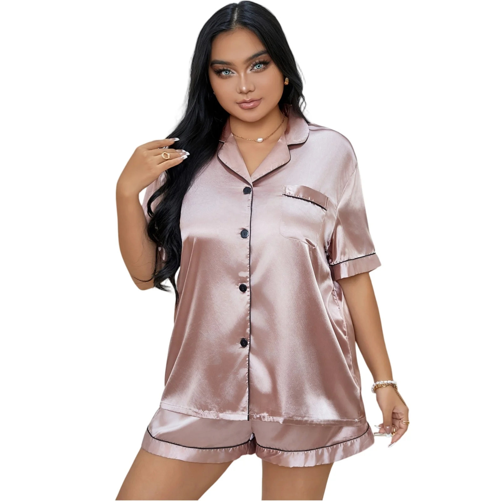 

Plus Size Women's Classic Type Pajama Set with Short Sleeve Top and Shorts Loungewear Solid Color Comfortable Home Sleepwear