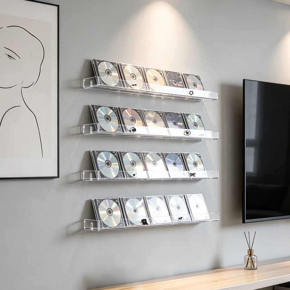 4-Pack Acrylic Wall Mount CD Shelves, Clear Floating Album Holder for Vinyl, Albums, DVDs, Blu-Ray Discs, Home Wall Decor