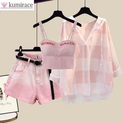 Fashion Tie-dyed Shorts Sunscreen Plaid Shirt Pink Bra Three-piece Elegant Women's Pants Set Summer Outfits Tracksuit for 2023