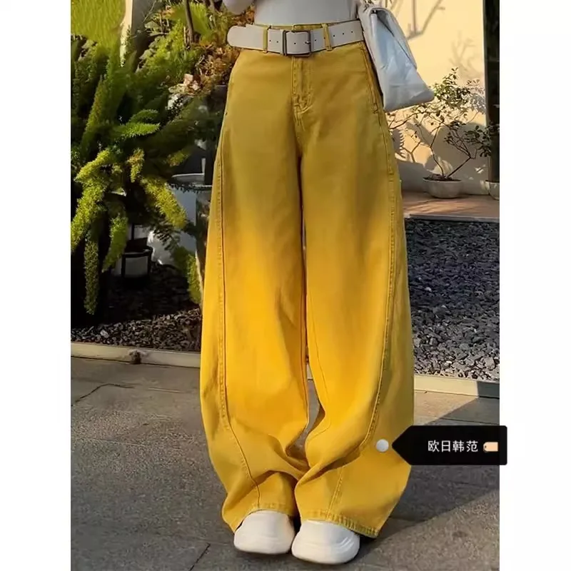 جينز Scimitar أصفر عصري للنساء، سروال أنيق للتخسيس وفضفاض متعدد الاستخدامات للخريف