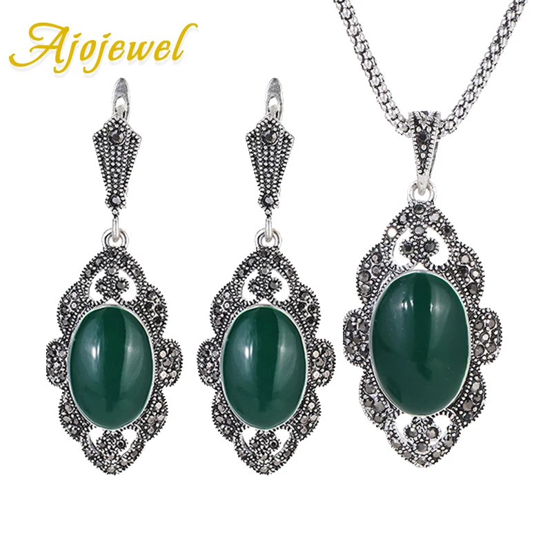 Ajojewel Vintage Dark Green Jewelry Set With Stones Antique Silver-color Black CZ Earrings And Necklace Elegant Womens Gifts