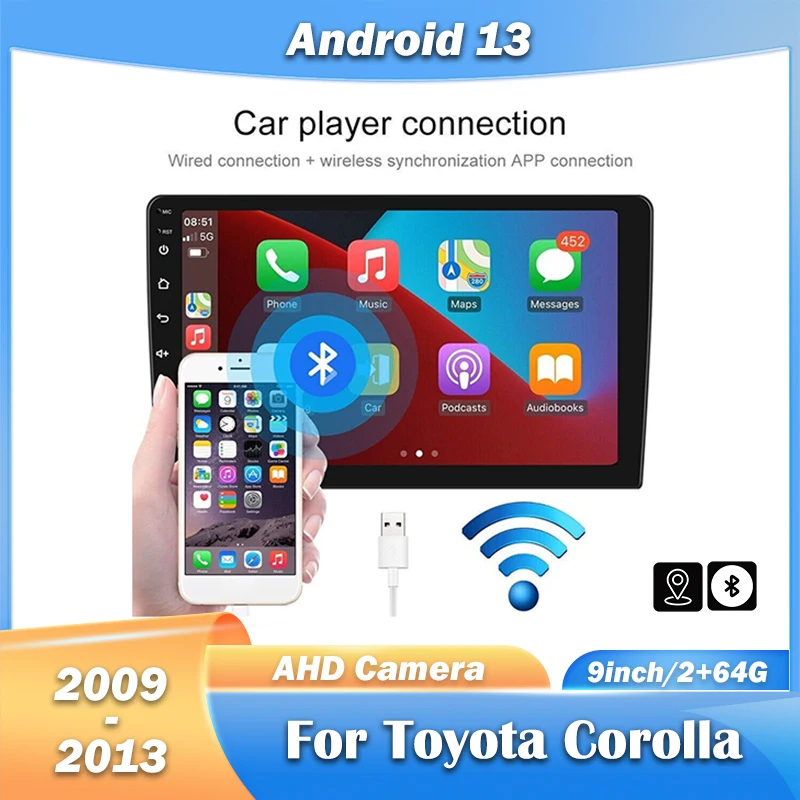 

9inch Car Stereo Radio for Toyota Corolla 2009 - 2013 Android 13 GPS Navigation Carplay Android Auto 2+64G Bluetooth WiFi Parts