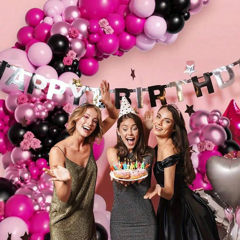141Pcs Hot Pink Black Latex Balloons Garland Arch Kit Birthday Party Baby Shower Bridal Shower Wedding Princess Party Decor view 2